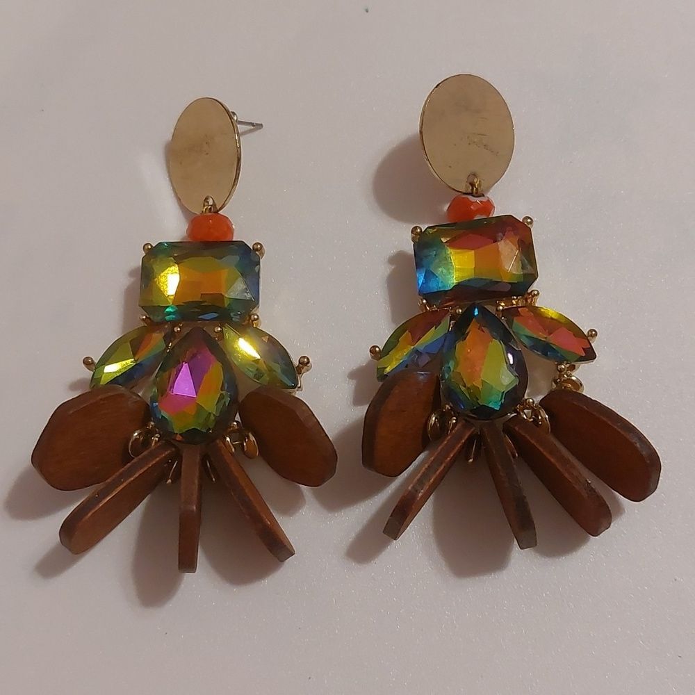 Rainbow Rhinestones and Wood Beads Oversize Drop Post Earrings Runway Statement